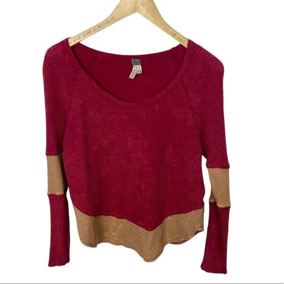Free People Diamond Dozen Thermal Long Sleeve Top Colorblock Pink Cream Size XS - Picture 2 of 10